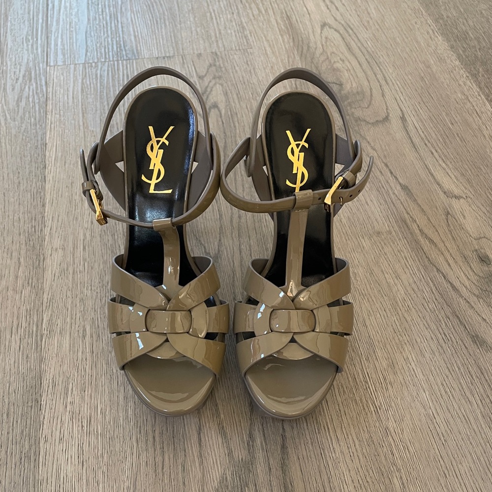 -SOLD- Saint Laurent Tribute Patent Platform Sandal in Fog (Gray), 35.5
